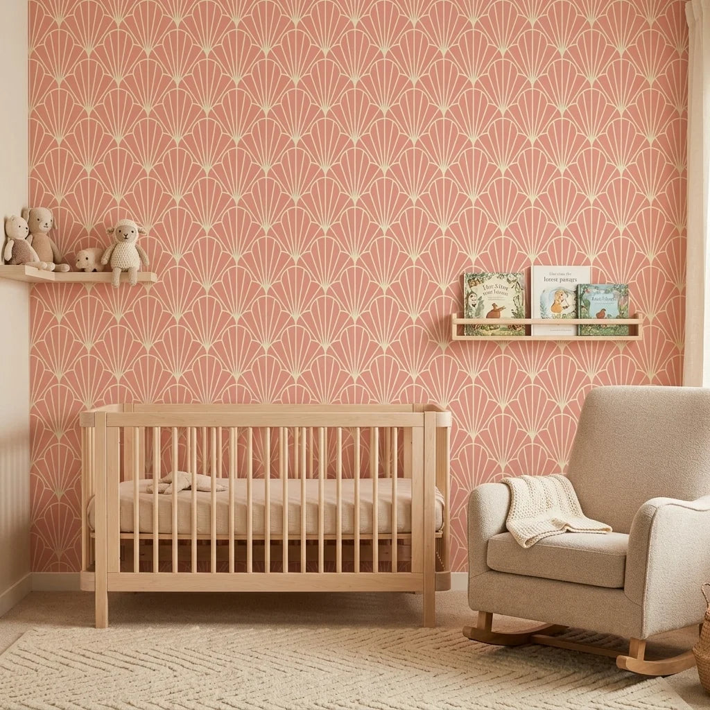 Petal Dawn blush pink and cream art deco fan wallpaper as a feature wall in a bright home office