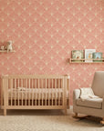 Petal Dawn blush pink and cream art deco fan wallpaper as a feature wall in a bright home office
