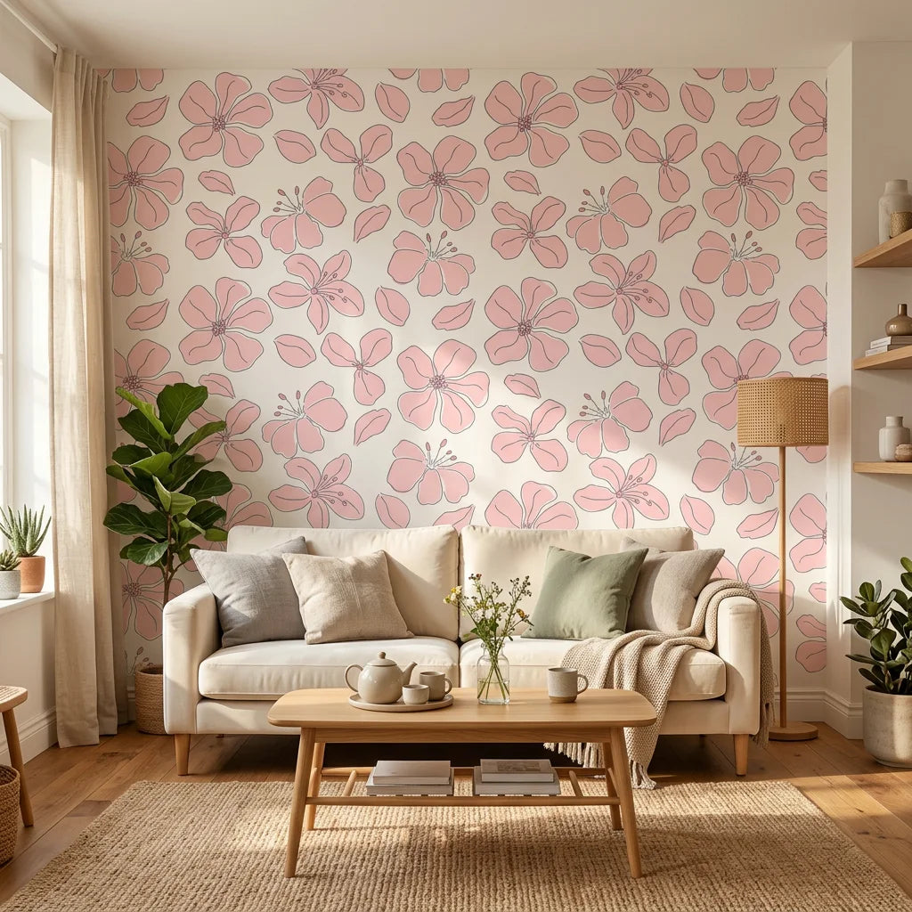 Petal Drift blush pink cherry blossom wallpaper in a warm and inviting living room