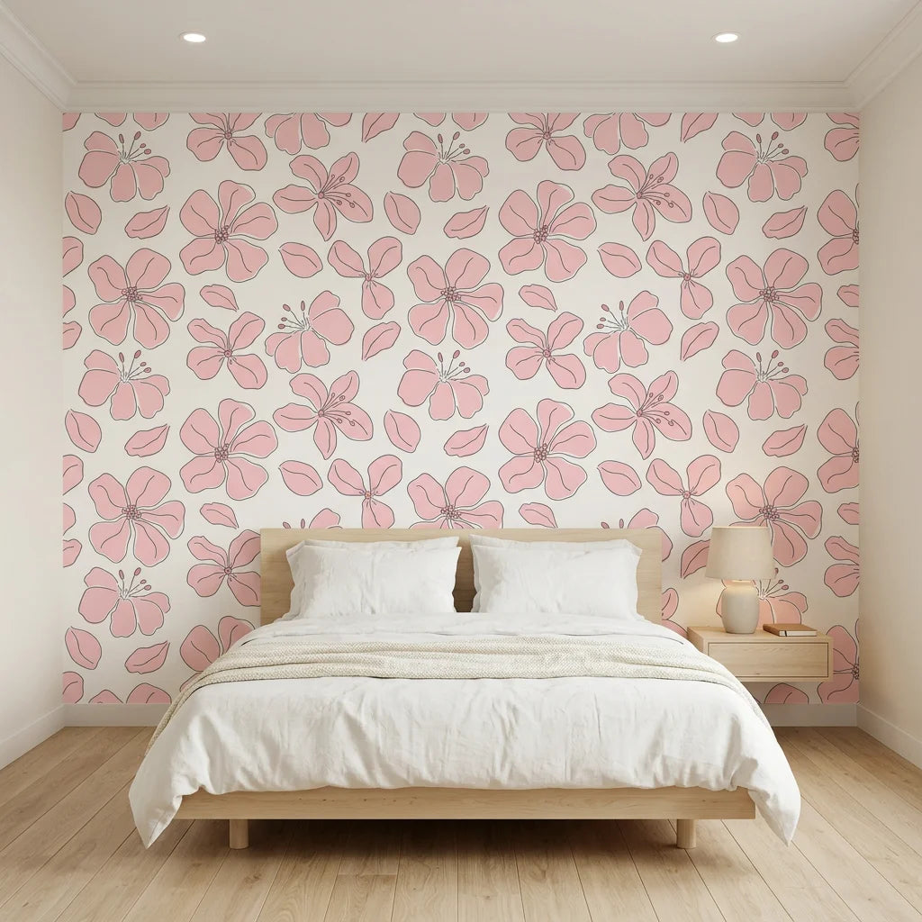 Petal Drift blush pink cherry blossom wallpaper adding character to a cozy bedroom