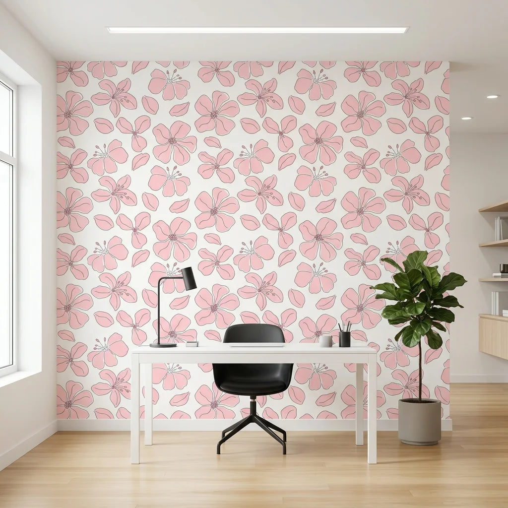 Petal Drift blush pink cherry blossom wallpaper as a feature wall in a bright home office