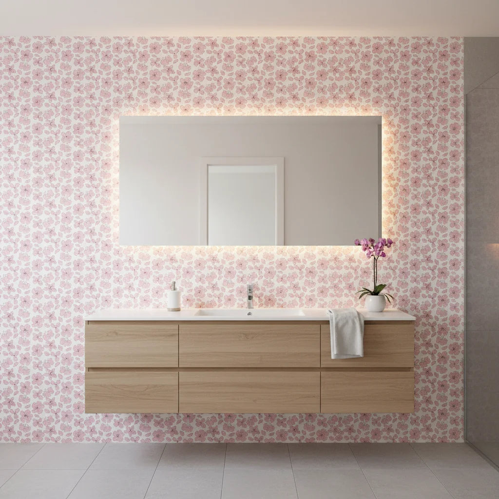 Petal Drift blush pink cherry blossom wallpaper creating ambiance in a serene bathroom