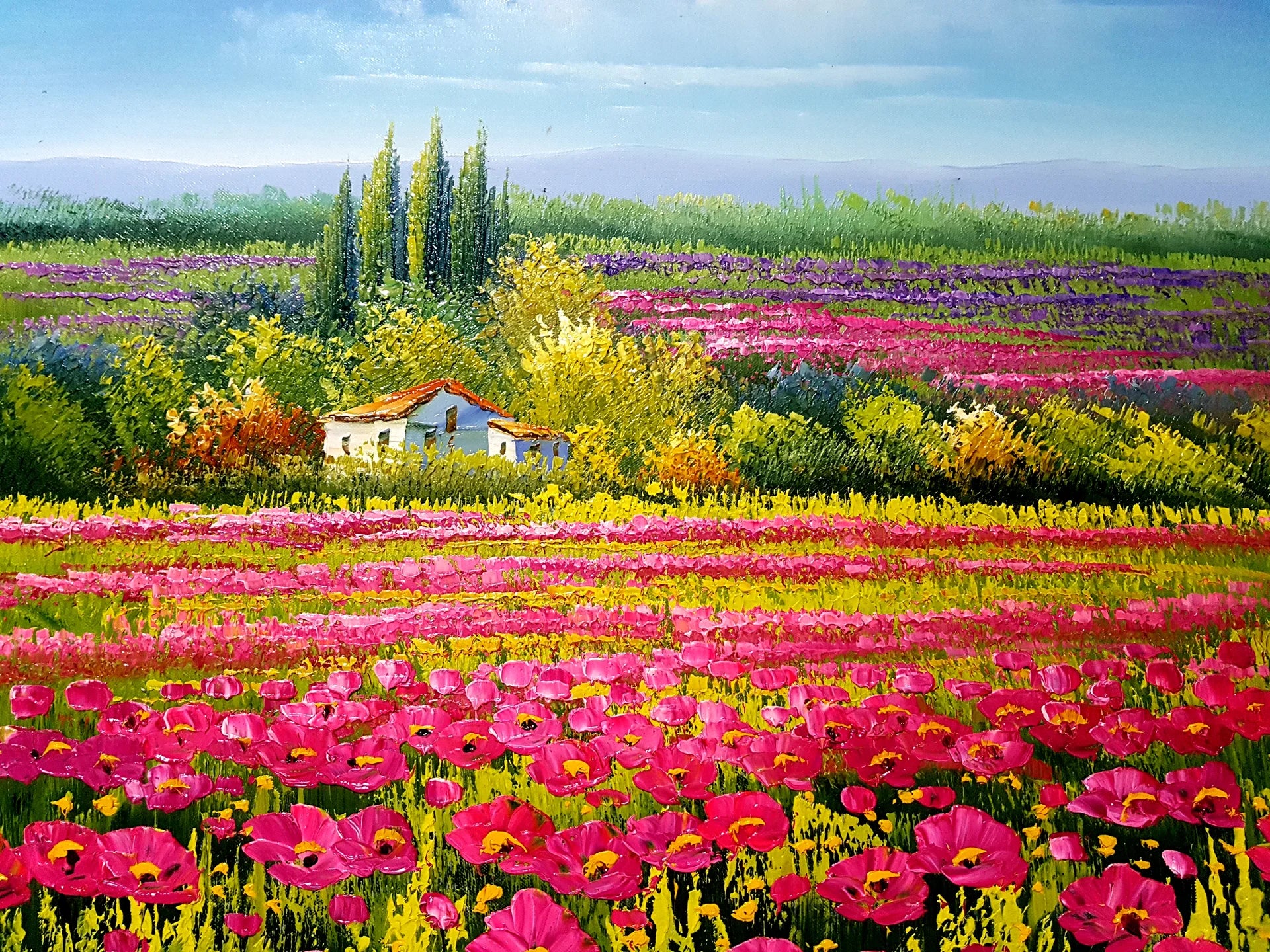 Petal Flood vibrant pink poppy field landscape wallpaper creating ambiance in a serene bathroom