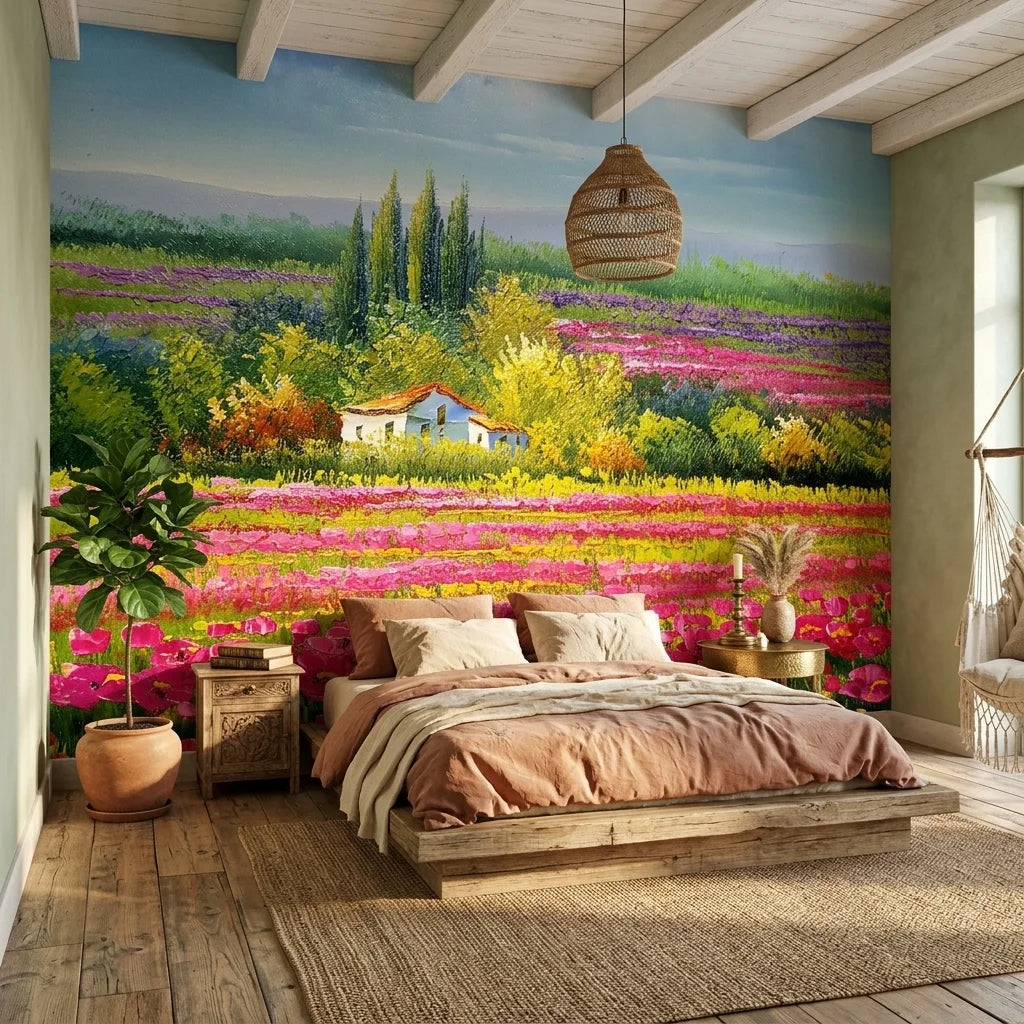 Canvas-like vibrant pink poppy field countryside landscape peel and stick wallpaper - Petal Flood