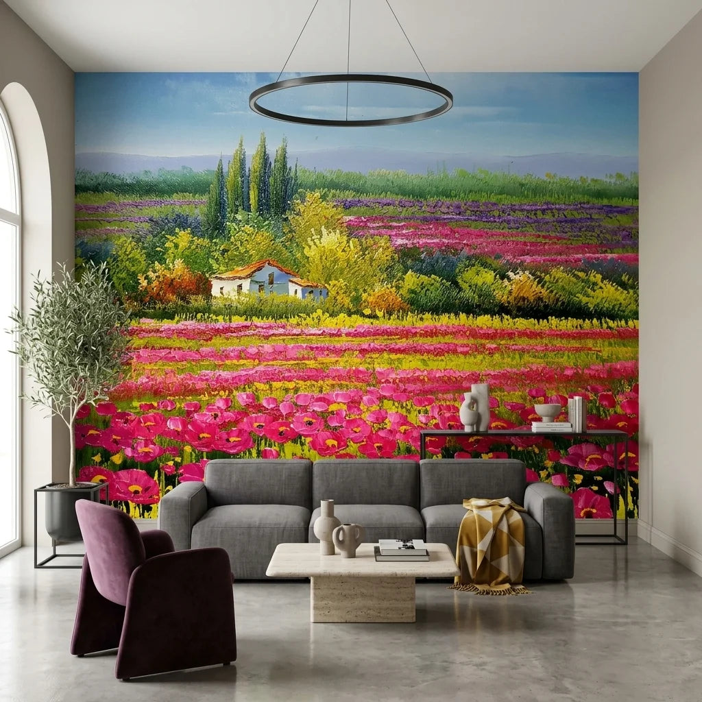 Petal Flood vibrant pink poppy field landscape wallpaper in a warm and inviting living room