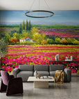 Petal Flood vibrant pink poppy field landscape wallpaper in a warm and inviting living room