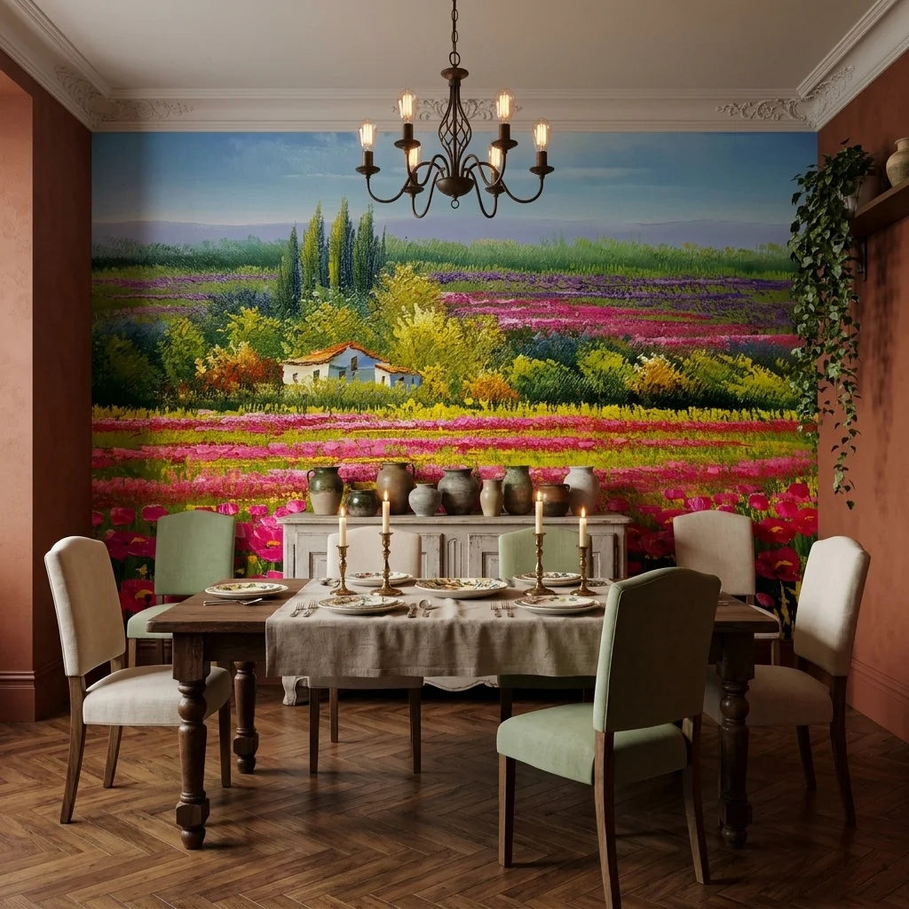 Petal Flood vibrant pink poppy field landscape wallpaper adding character to a cozy bedroom