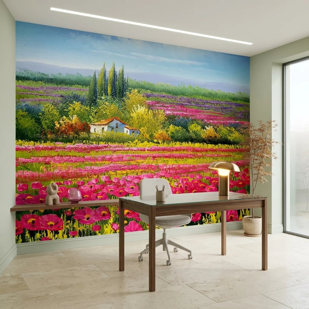 Petal Flood vibrant pink poppy field landscape wallpaper as a feature wall in a bright home office