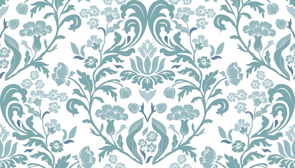 Petal Reflection soft blue floral damask wallpaper