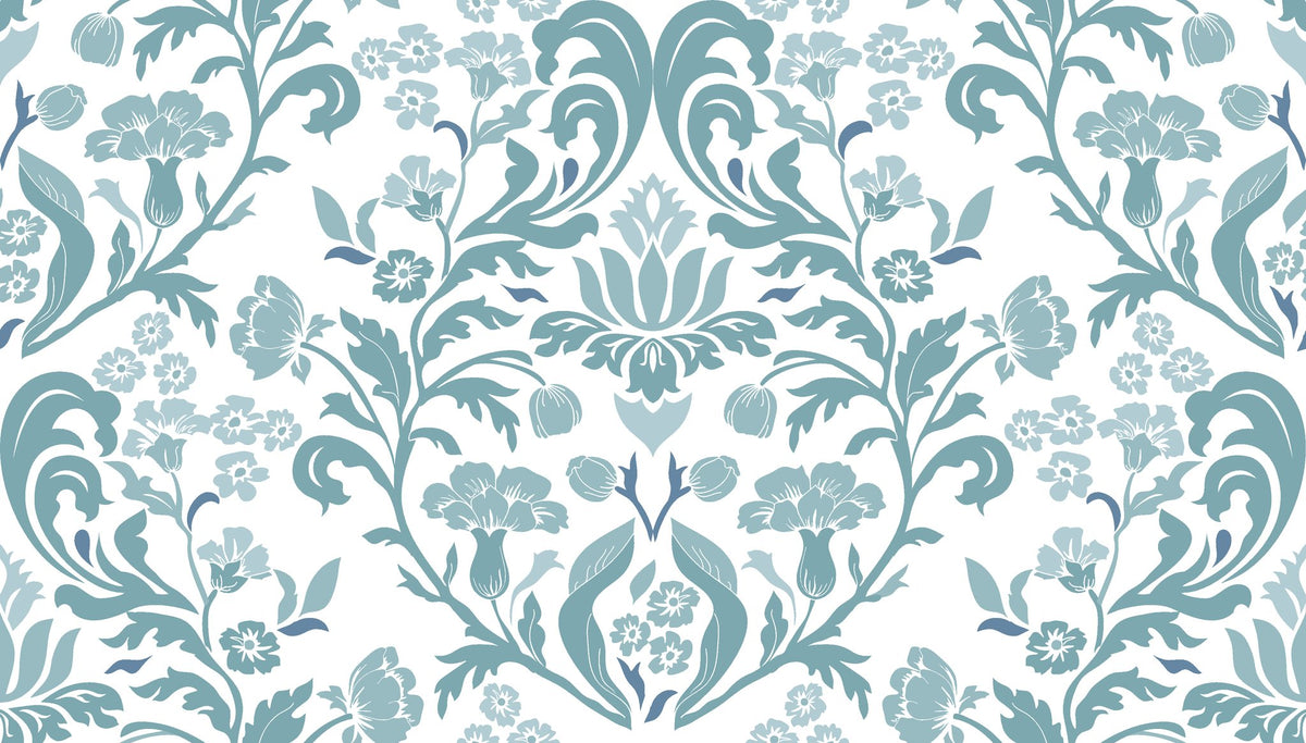 Petal Reflection soft blue floral damask wallpaper