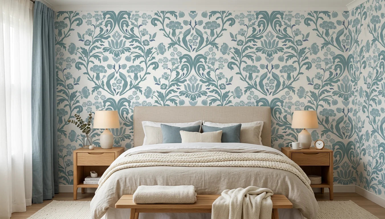 Petal Reflection soft blue floral damask wallpaper adding character to a cozy bedroom