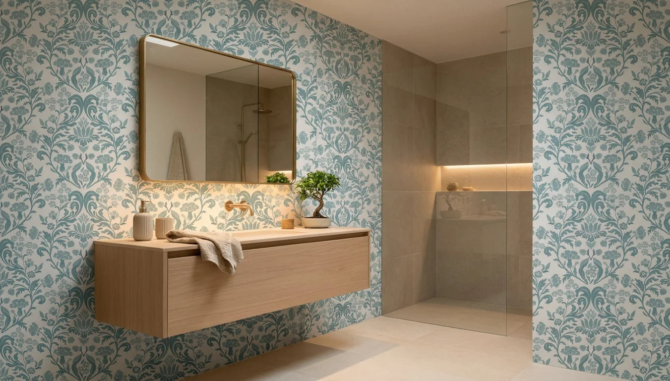 Petal Reflection soft blue floral damask wallpaper as a feature wall in a bright home office