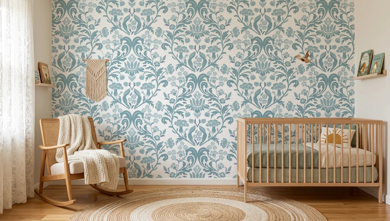 Petal Reflection soft blue floral damask wallpaper creating ambiance in a serene bathroom
