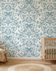 Petal Reflection soft blue floral damask wallpaper creating ambiance in a serene bathroom
