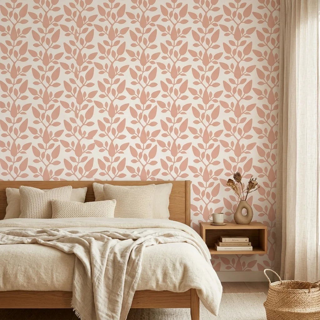 Petal Silence blush botanical peel and stick wallpaper adding character to a cozy bedroom