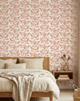 Petal Silence blush botanical peel and stick wallpaper adding character to a cozy bedroom