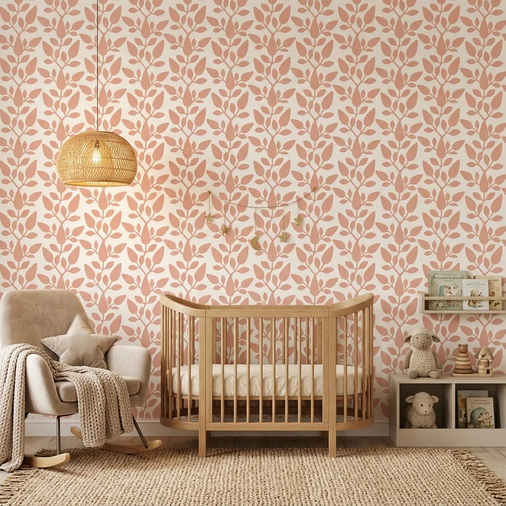 Petal Silence blush botanical peel and stick wallpaper bringing warmth to a peaceful nursery