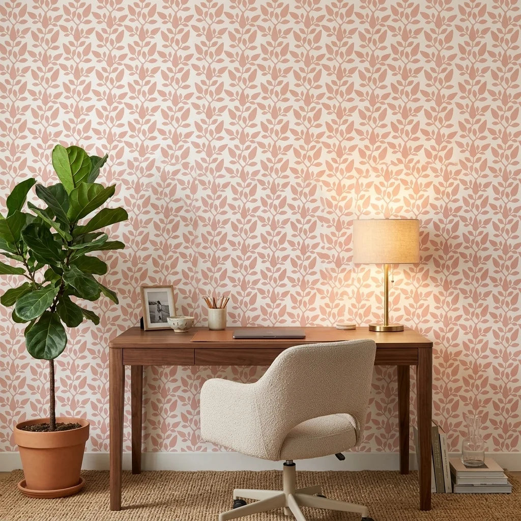 Petal Silence blush botanical peel and stick wallpaper as a feature wall in a bright home office