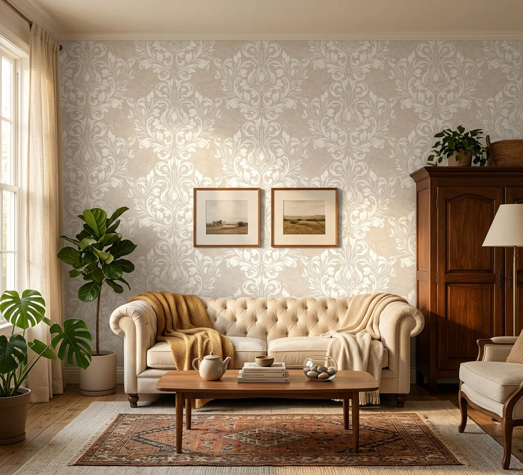 Petal Symphony cream white baroque damask wallpaper in a warm and inviting living room