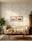 Petal Symphony cream white baroque damask wallpaper in a warm and inviting living room