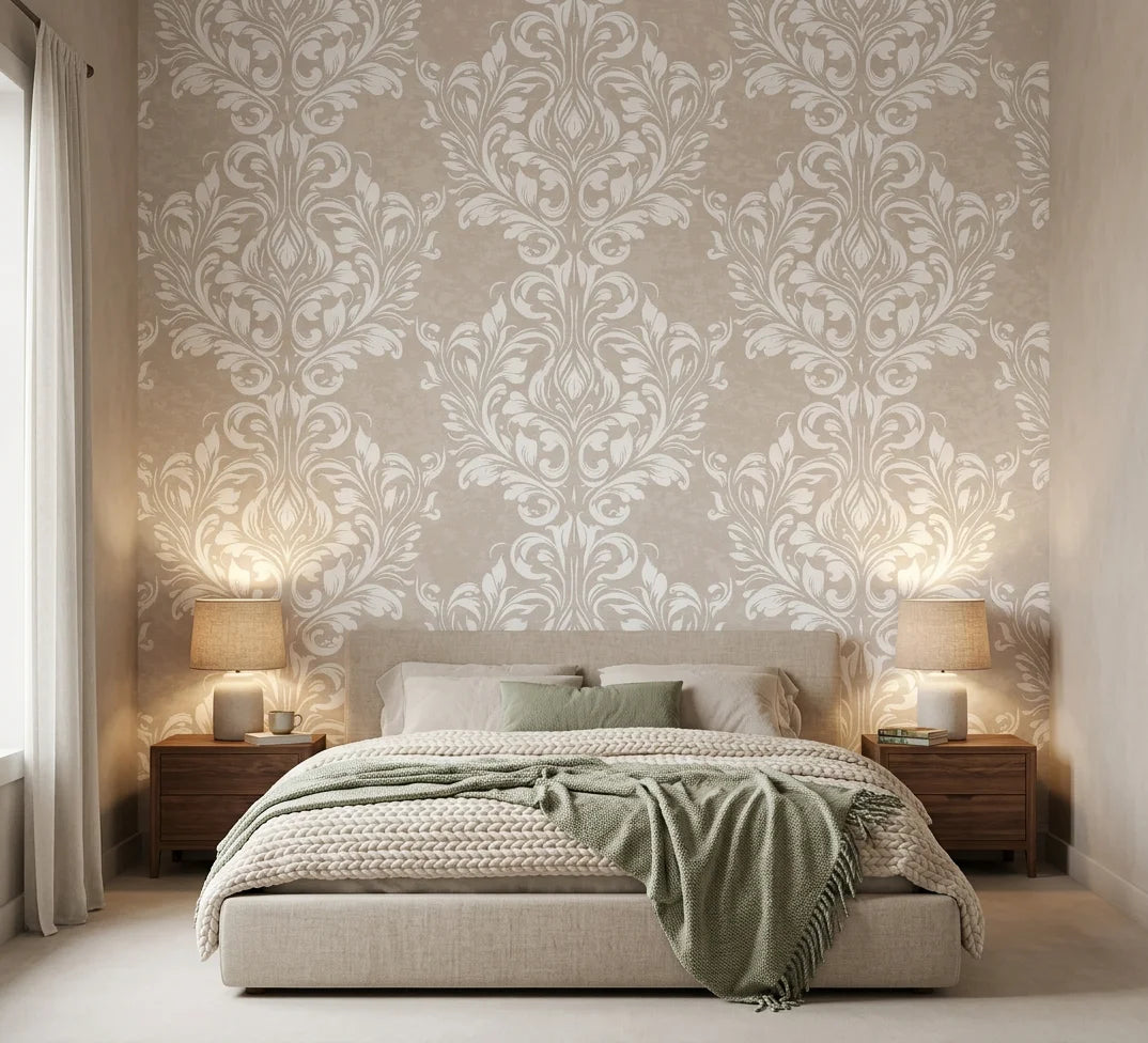 Petal Symphony cream white baroque damask wallpaper adding character to a cozy bedroom