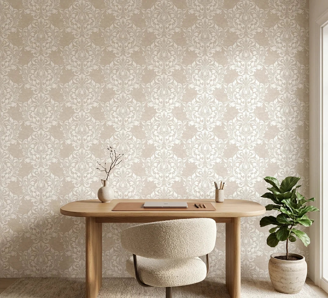 Petal Symphony cream white baroque damask wallpaper as a feature wall in a bright home office