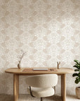 Petal Symphony cream white baroque damask wallpaper as a feature wall in a bright home office