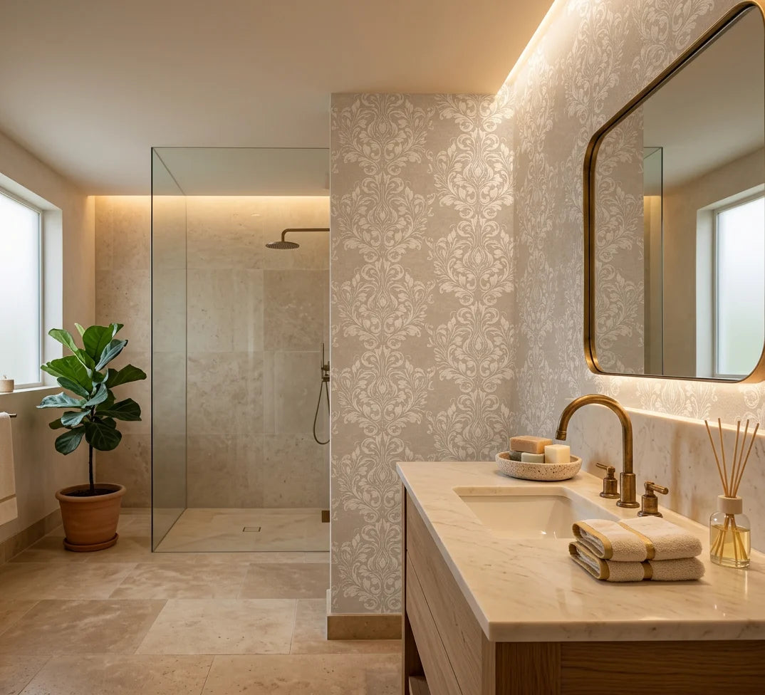 Petal Symphony cream white baroque damask wallpaper creating ambiance in a serene bathroom