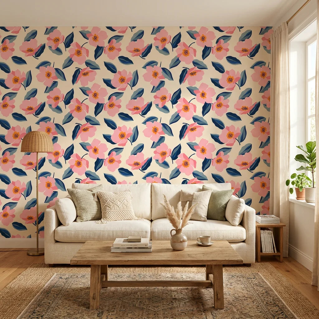 Petal &amp; Depth bold pink floral in a warm and inviting living room