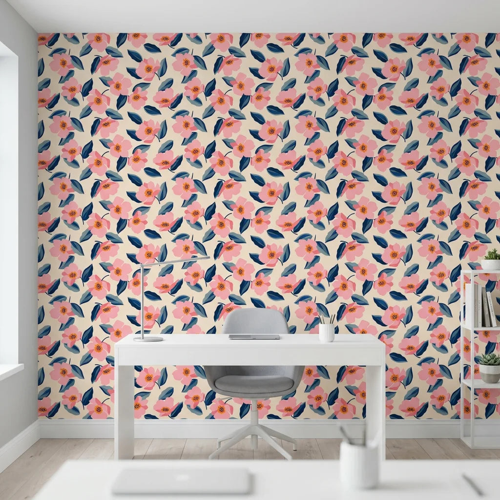 Petal &amp; Depth bold pink floral as a feature wall in a bright home office