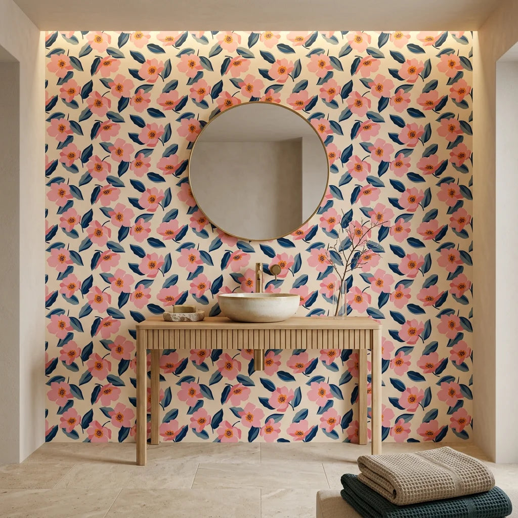 Petal &amp; Depth bold pink floral creating ambiance in a serene bathroom