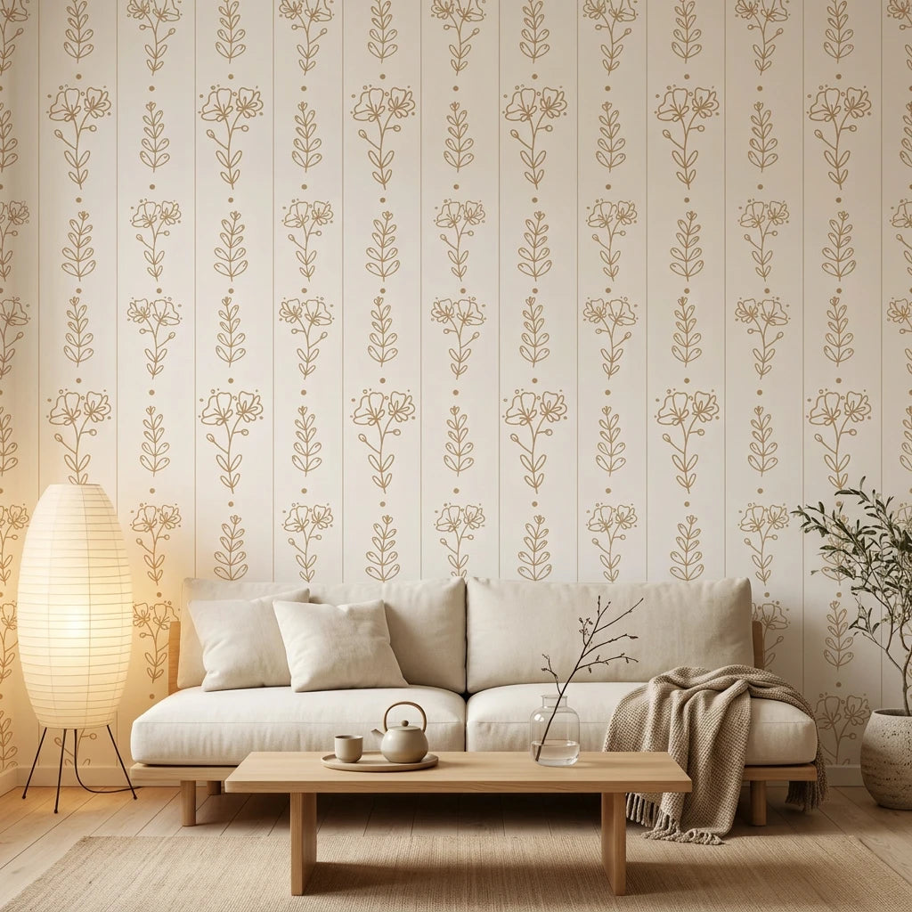 Petal &amp; Thread elegant golden botanical floral wallpaper in a warm and inviting living room