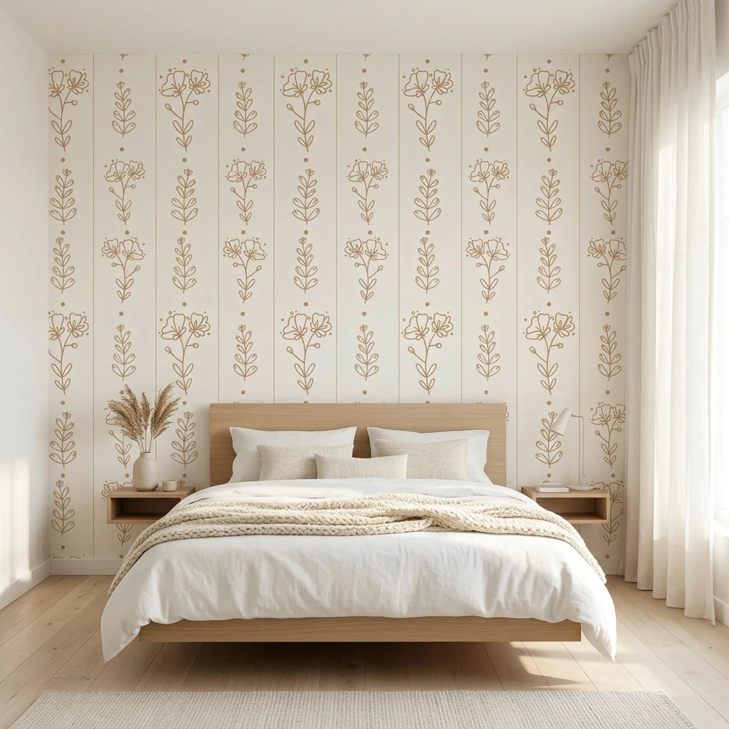 Petal &amp; Thread elegant golden botanical floral wallpaper adding character to a cozy bedroom