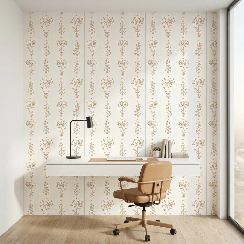 Petal &amp; Thread elegant golden botanical floral wallpaper as a feature wall in a bright home office