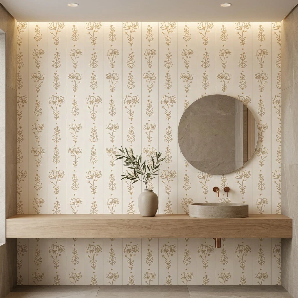 Petal &amp; Thread elegant golden botanical floral wallpaper creating ambiance in a serene bathroom