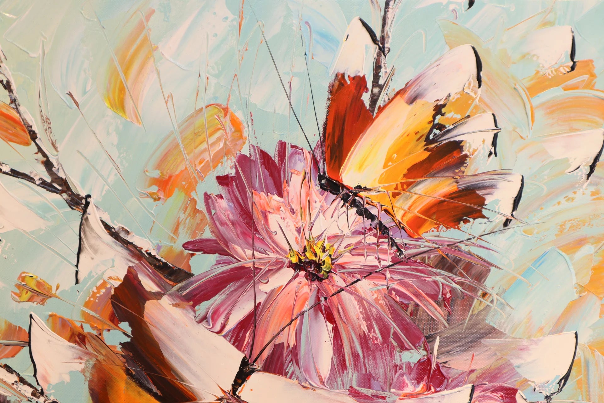Petal & Wing vibrant floral and butterfly painterly wallpaper creating ambiance in a serene bathroom