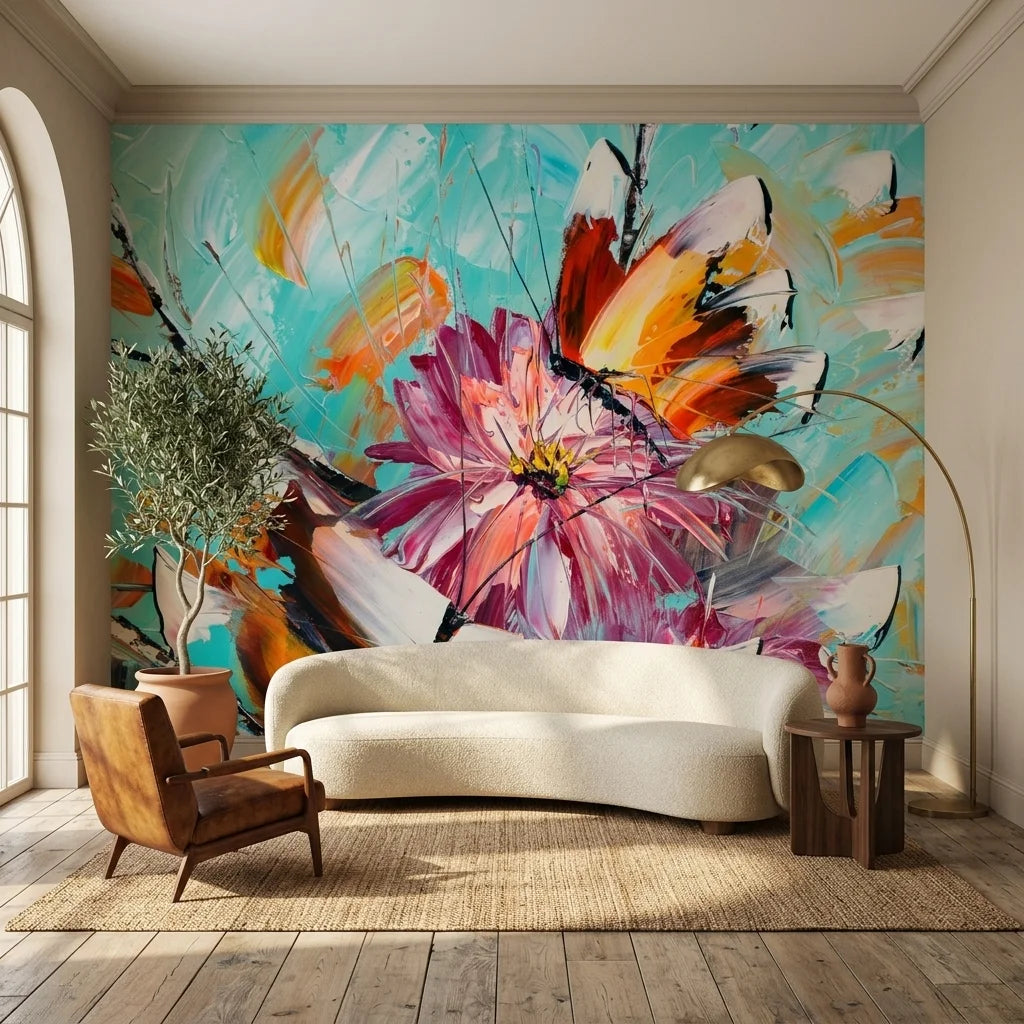Textured vibrant pink dahlia and orange butterfly painterly peel and stick wallpaper - Petal & Wing
