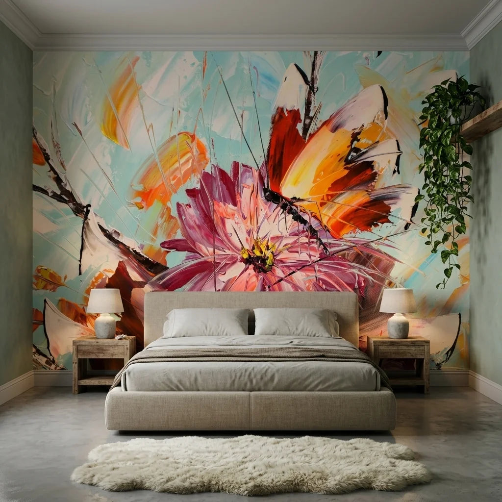 Petal & Wing vibrant floral and butterfly painterly wallpaper in a warm and inviting living room