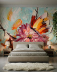 Petal & Wing vibrant floral and butterfly painterly wallpaper in a warm and inviting living room
