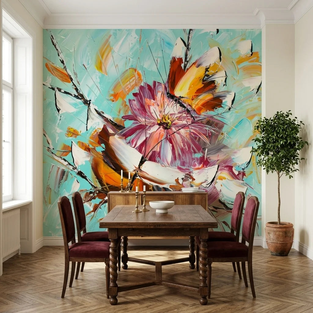 Petal & Wing vibrant floral and butterfly painterly wallpaper adding character to a cozy bedroom