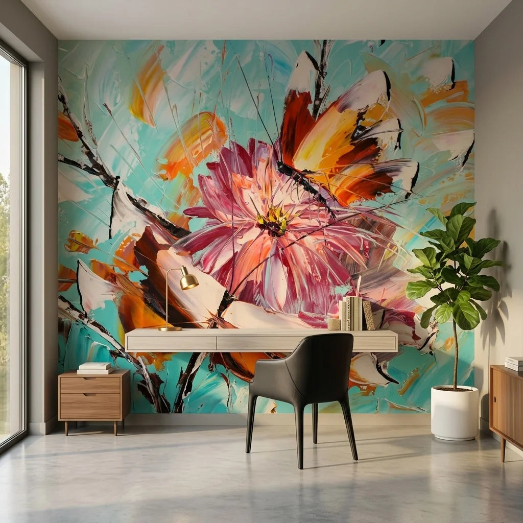 Petal & Wing vibrant floral and butterfly painterly wallpaper as a feature wall in a bright home office