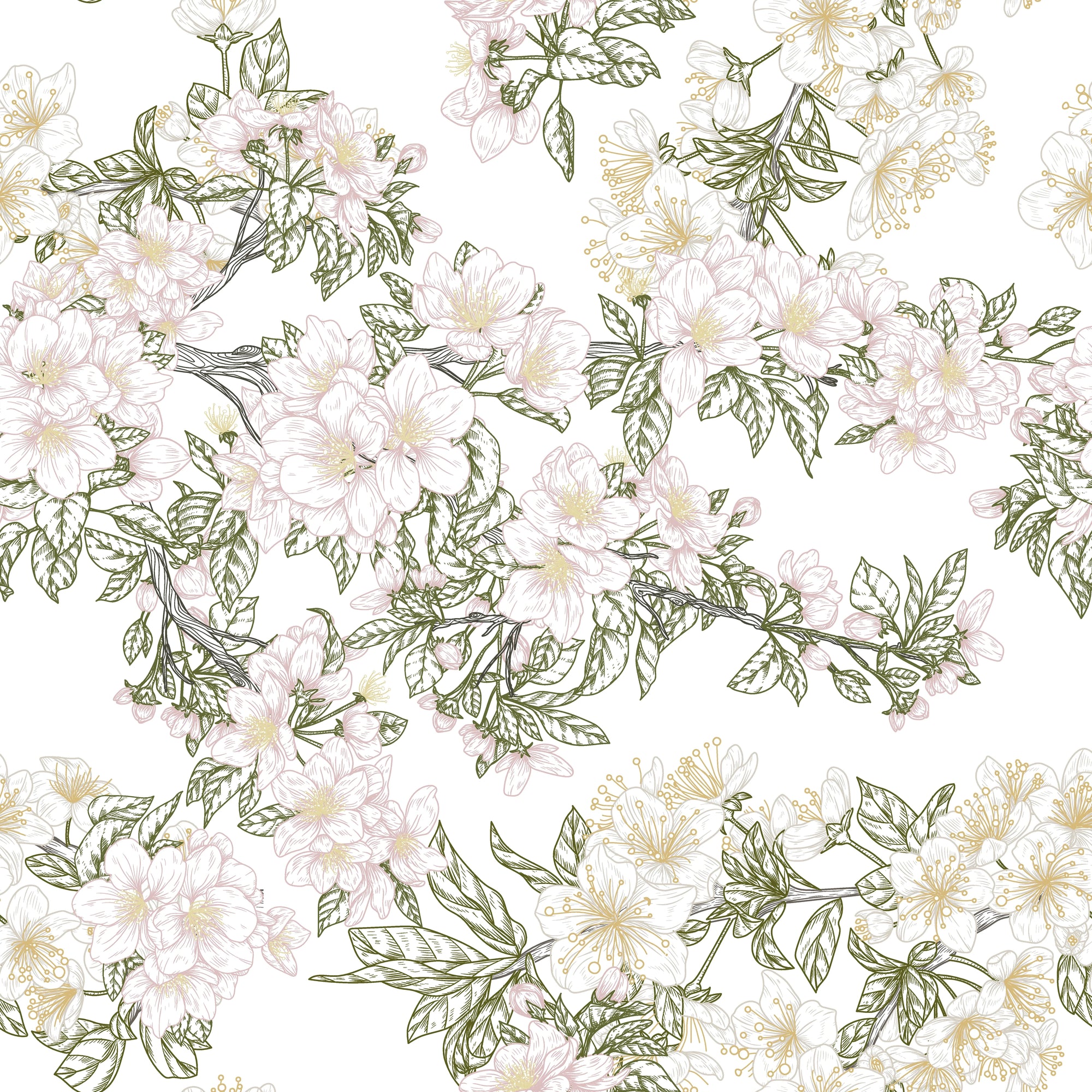 Linen-like peel and stick wallpaper with blush botanical branch sketch - Petal Branch Sketch