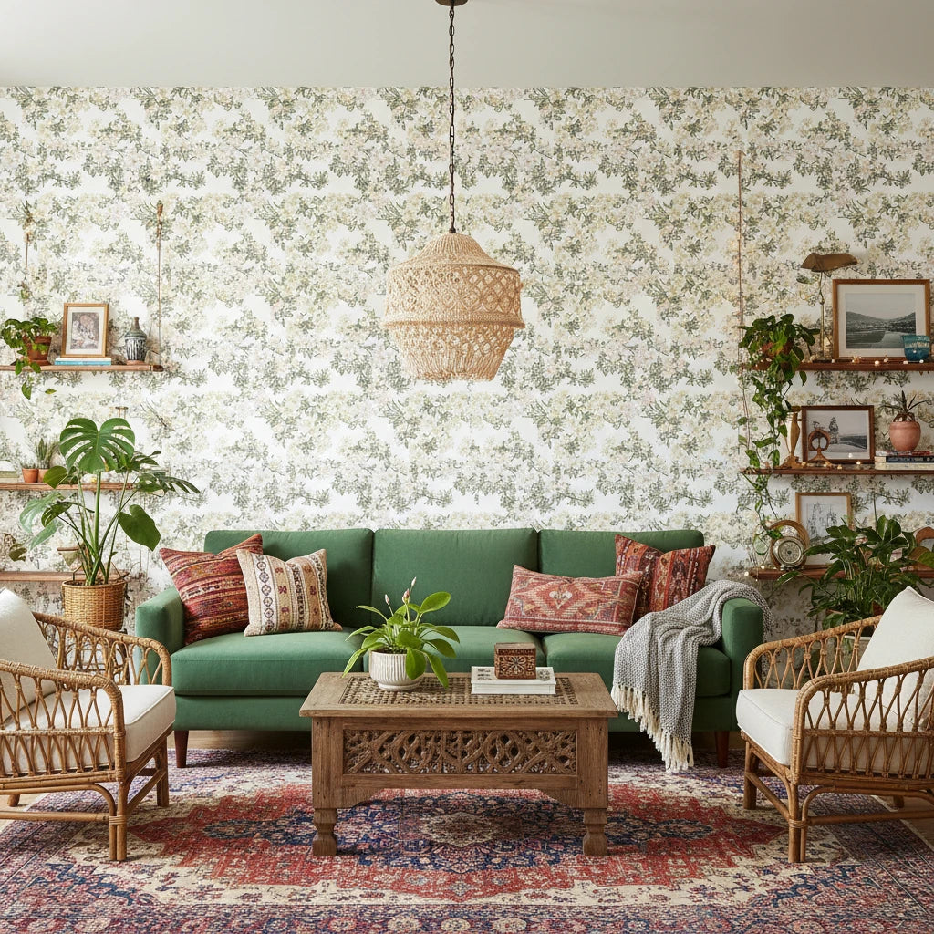 Petal Branch Sketch delicate blush botanical wallpaper in a warm and inviting living room