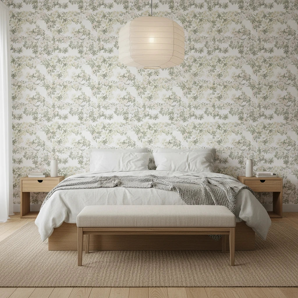 Petal Branch Sketch delicate blush botanical wallpaper adding character to a cozy bedroom