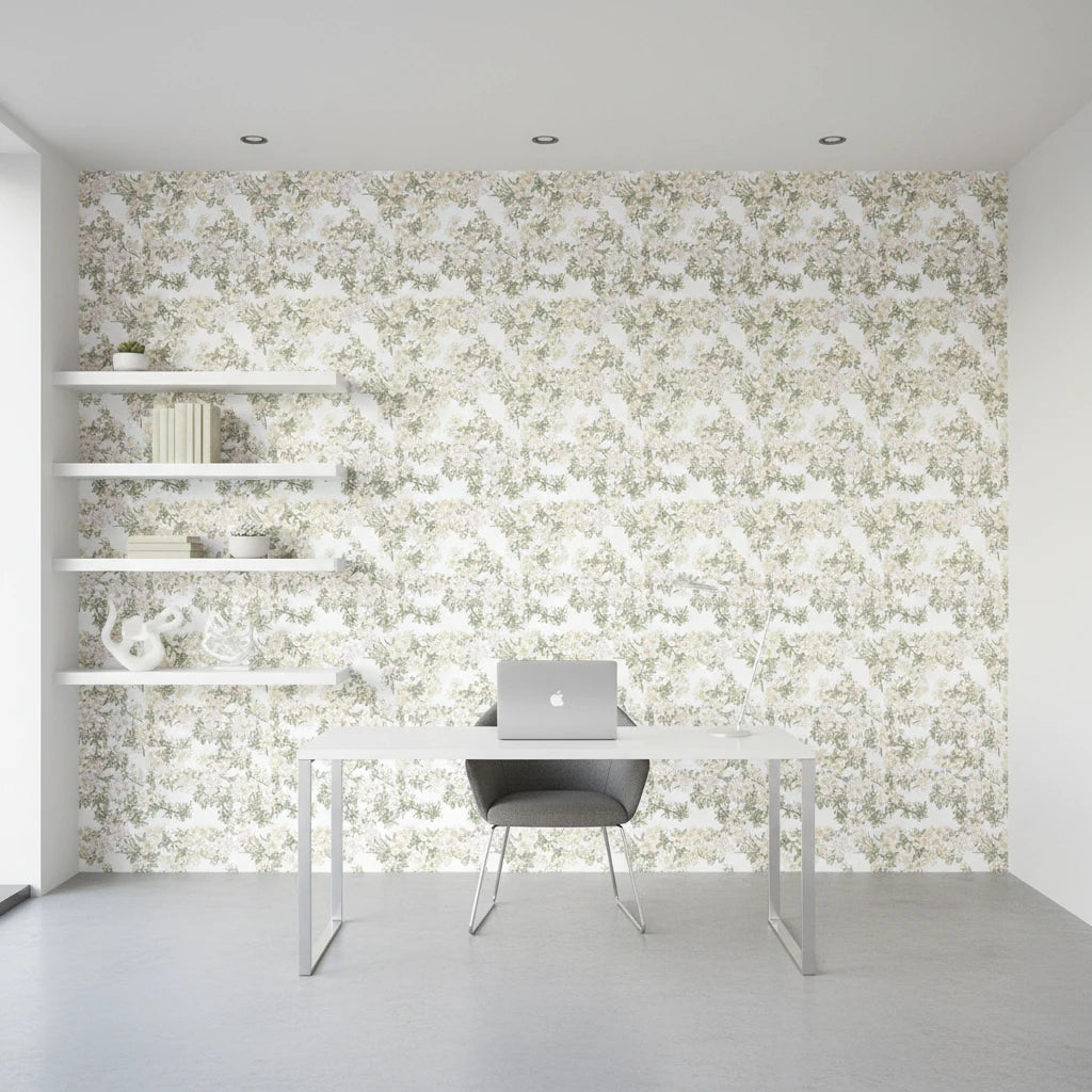 Petal Branch Sketch delicate blush botanical wallpaper as a feature wall in a bright home office