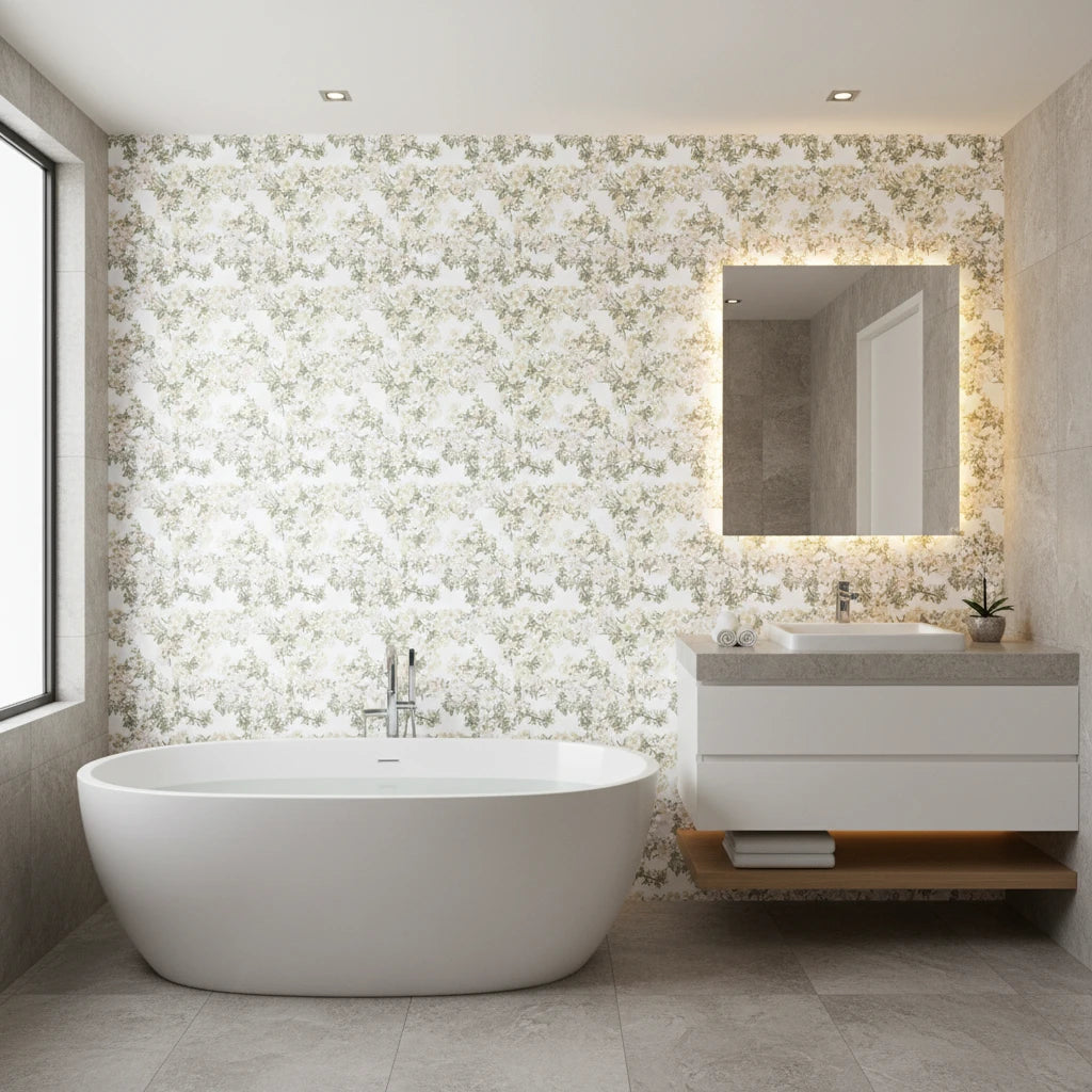 Petal Branch Sketch delicate blush botanical wallpaper creating ambiance in a serene bathroom