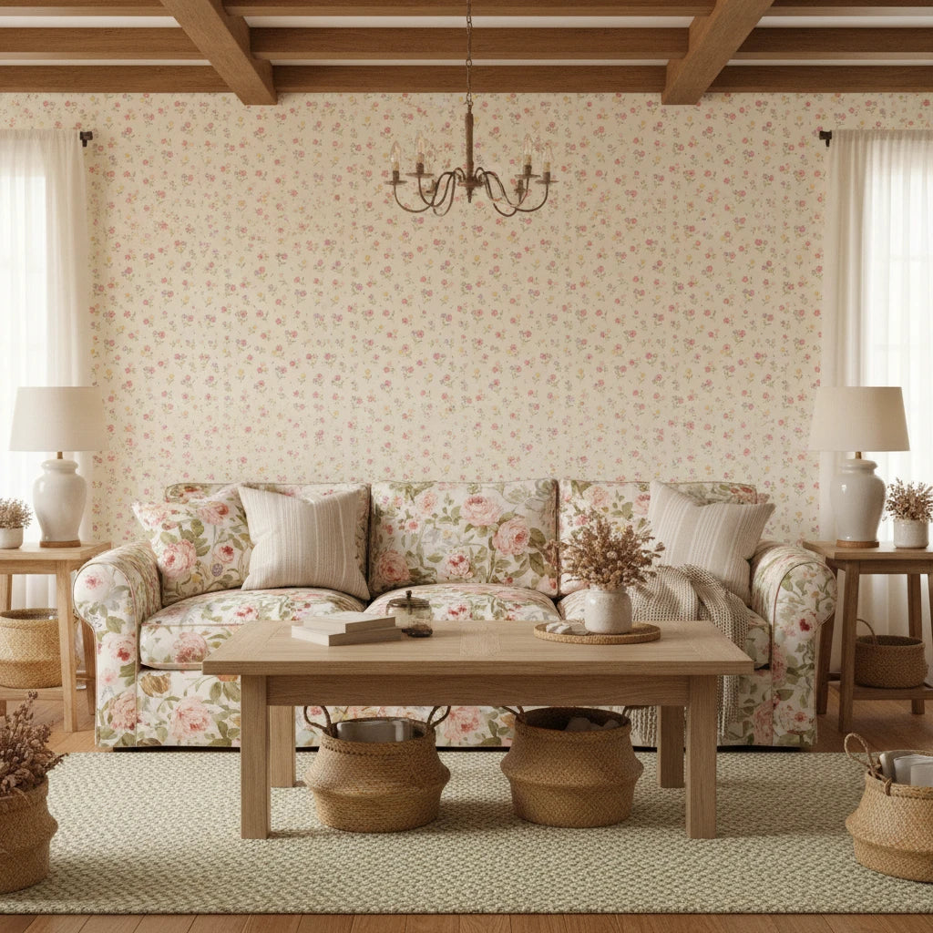 Petal Confetti cheerful ditsy floral wallpaper in a warm and inviting living room
