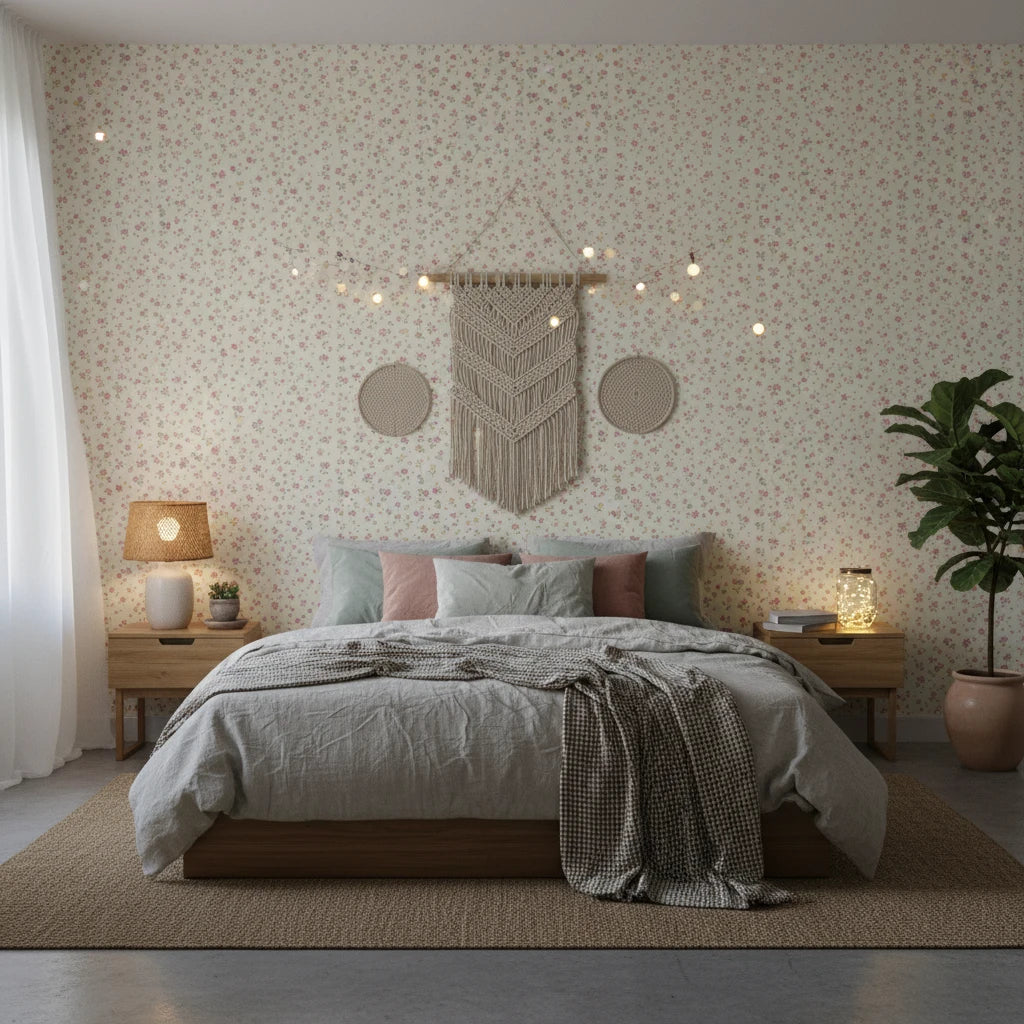Petal Confetti cheerful ditsy floral wallpaper adding character to a cozy bedroom