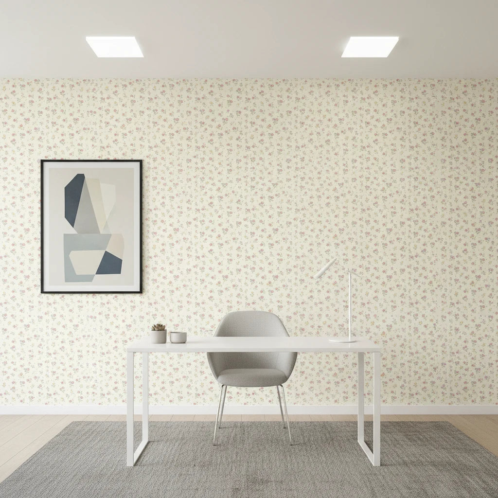 Petal Confetti cheerful ditsy floral wallpaper as a feature wall in a bright home office