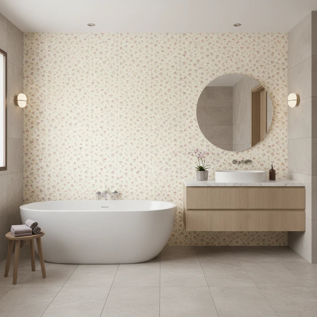 Petal Confetti cheerful ditsy floral wallpaper creating ambiance in a serene bathroom